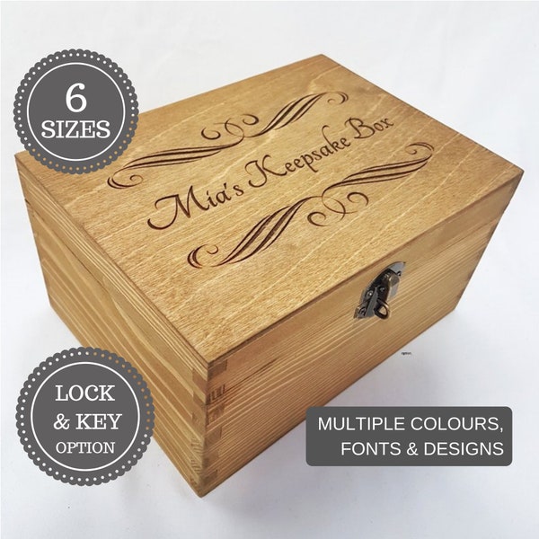 Personalised Engraved Wooden Box - Wooden keepsake box - Personalised box With Lock - Jewellery Ring box - Engraved Name Box - Pine Box