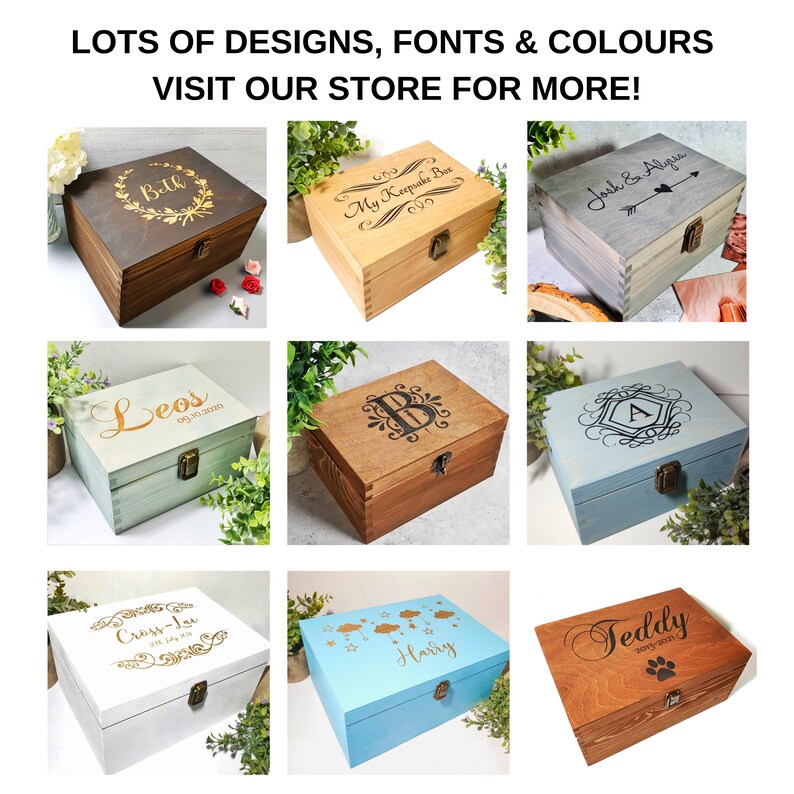 May include: Nine wooden keepsake boxes with various engraved designs and personalized text. The boxes are in different colors, including brown, light blue, and gray. The text on the boxes includes names, dates, and phrases like "My Keepsake Box" and "Teddy 2013-2021".