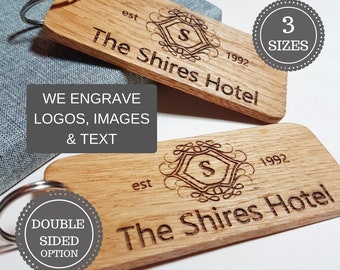 Engraved Business Logo Keyring - Personalised Oak Wood Keyring - Custom Address Keychain - Hotel Logo - Corporate Company Name - Work Gift