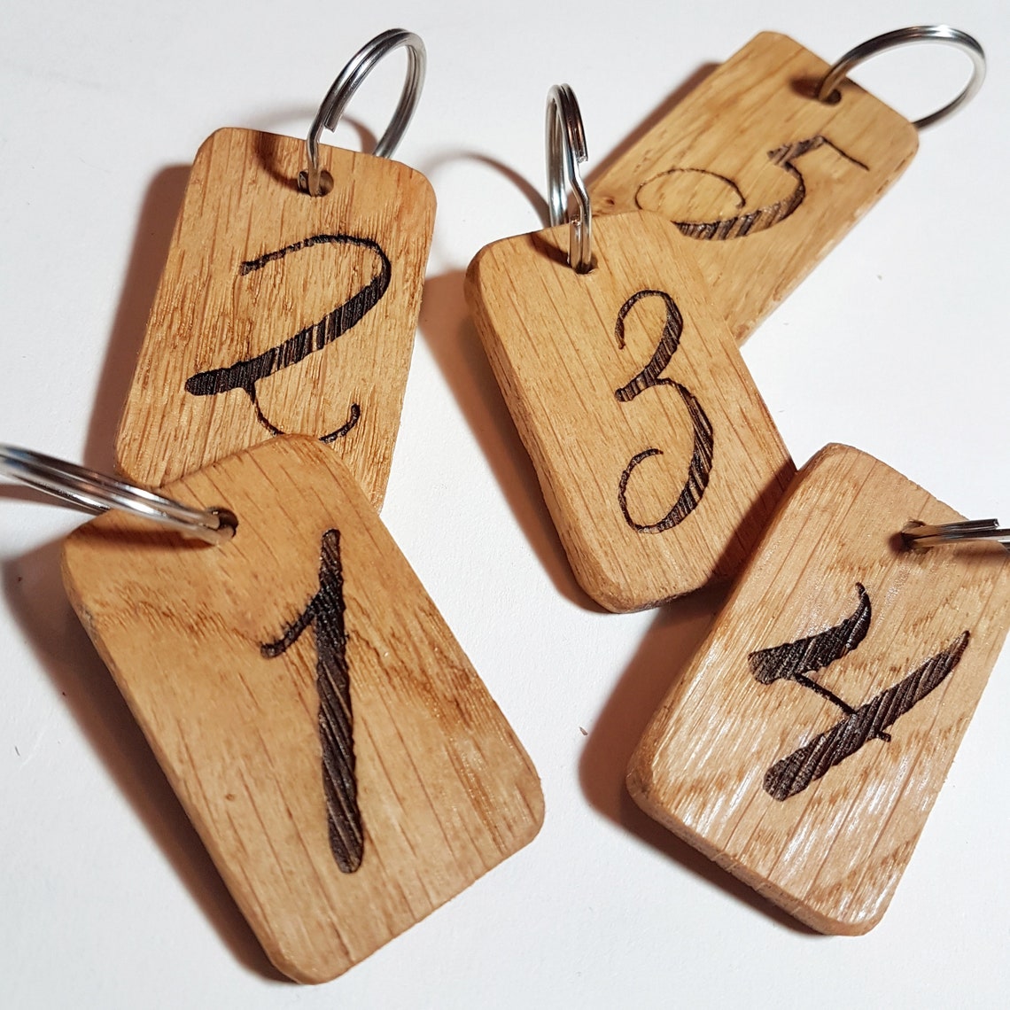 Personalised Number Keyring Engraved Oak Wood Keychain Etsy