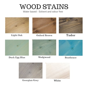 May include: A chart showing ten different wood stain colors. The colors are: Light Oak, Oxford Brown, Tudor, Duck Egg Blue, Wedgwood, Boathouse, Georgian Grey, and White. The text "WOOD STAINS" is at the top of the chart. The text "Water based - Solvent and odour free" is below the title.