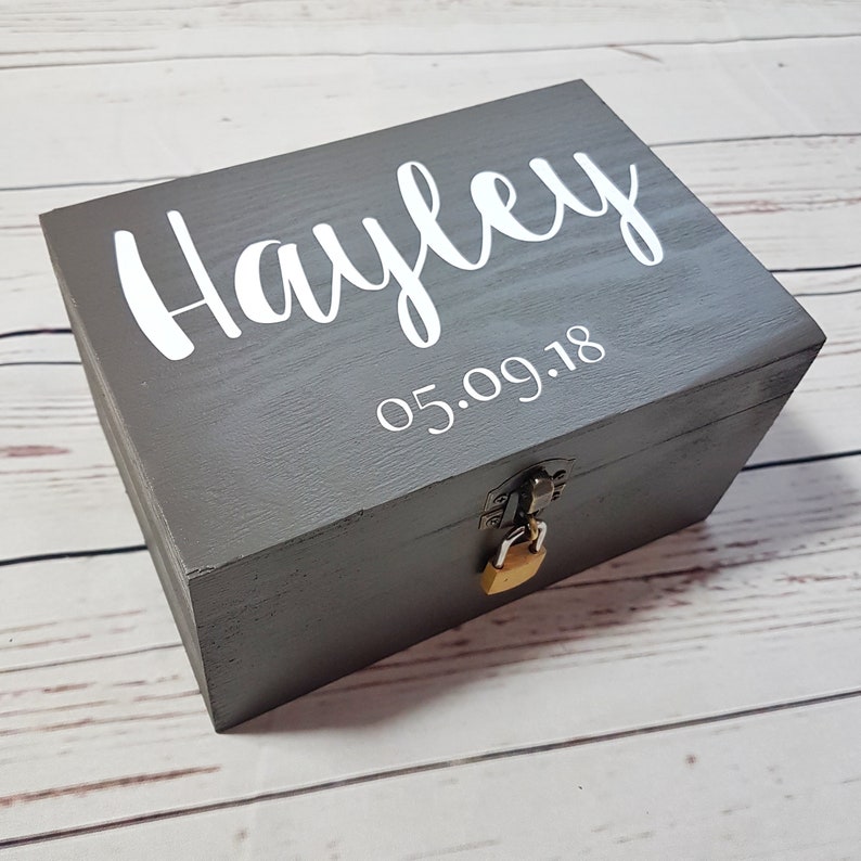 Personalised Name Date Box Grey Wooden Box With Lock Etsy