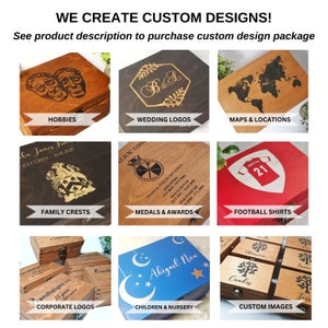 May include: A collage of nine wooden boxes with different designs, each representing a category for custom engraving. The categories include hobbies, wedding logos, maps & locations, family crests, medals & awards, football shirts, corporate logos, children & nursery, and custom images.
