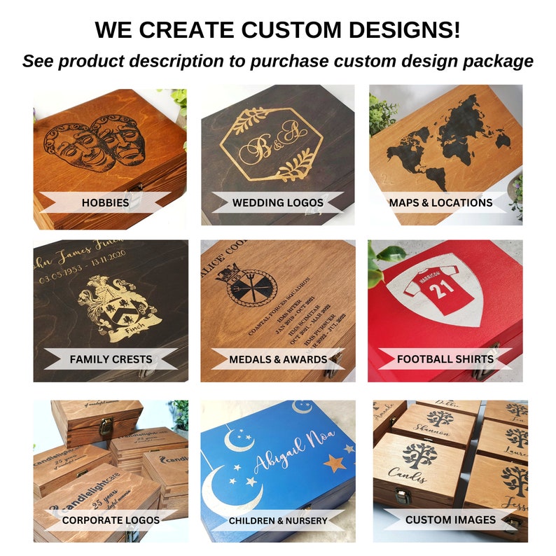 May include: A collage of nine wooden boxes with different designs, each representing a category for custom engraving. The categories include hobbies, wedding logos, maps & locations, family crests, medals & awards, football shirts, corporate logos, children & nursery, and custom images.
