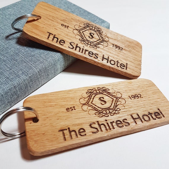 Personalised Large Wooden Keyring Custom Text Keychain Business Logo Company Address Hotel Work Small