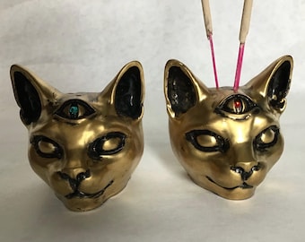 Cat head Incense Holder with Crystal