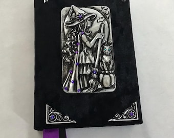 Black Velvet Witch Journal with Resin Trims and purple crystal Gems – Spell Book Diary