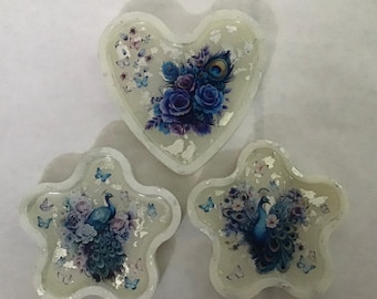 3 peacock trinket trays Handmade