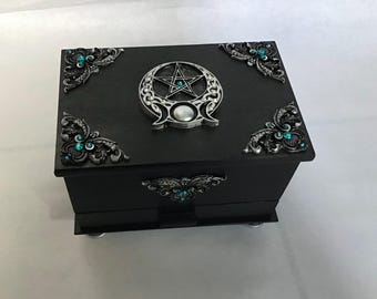Witches jewelry/ trinket/ Altar Box Unique with Handmade trims and Sparkly crystal gems