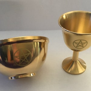 Miniature brass chalice and bowl for altar with pentagram