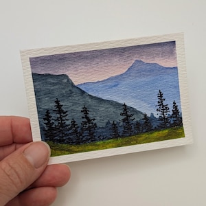 Misty Mountain Sunset- ACEO Original Art Card - Mini Watercolor Painting - Mountain Series - 2.5x3.5