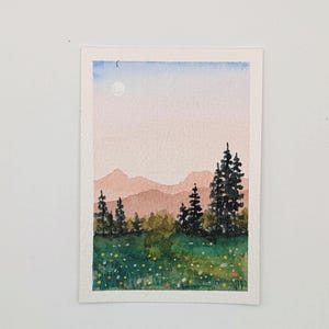 Full Moon Mountain - ACEO Original Art Card - Mini Watercolor Painting - Mountain Series - 2.5x3.5