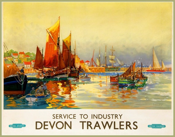 Wall art Devon Trawlers : Vintage Railway Travel advert poster Reproduction.