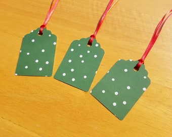 Christmas Gift Tags - Set of 10 - Treat Tags - Hang Tags - Green and White Polka Dot Tags with Red Ribbon