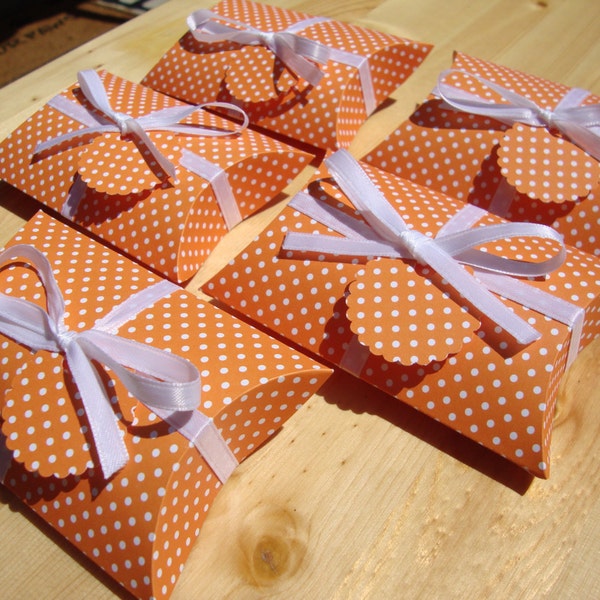 Pillow Boxes - Orange Polka Dots - Set of 10 - Party Favors - Treat Boxes - Gift Boxes