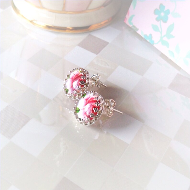 Pink Rose Stud Earrings Glass Stone Bezel Set in Sterling Silver