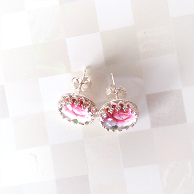 Pink Rose Stud Earrings Glass Stone Bezel Set in Sterling Silver