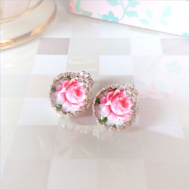 Pink Rose Stud Earrings Glass Stone Bezel Set in Sterling Silver