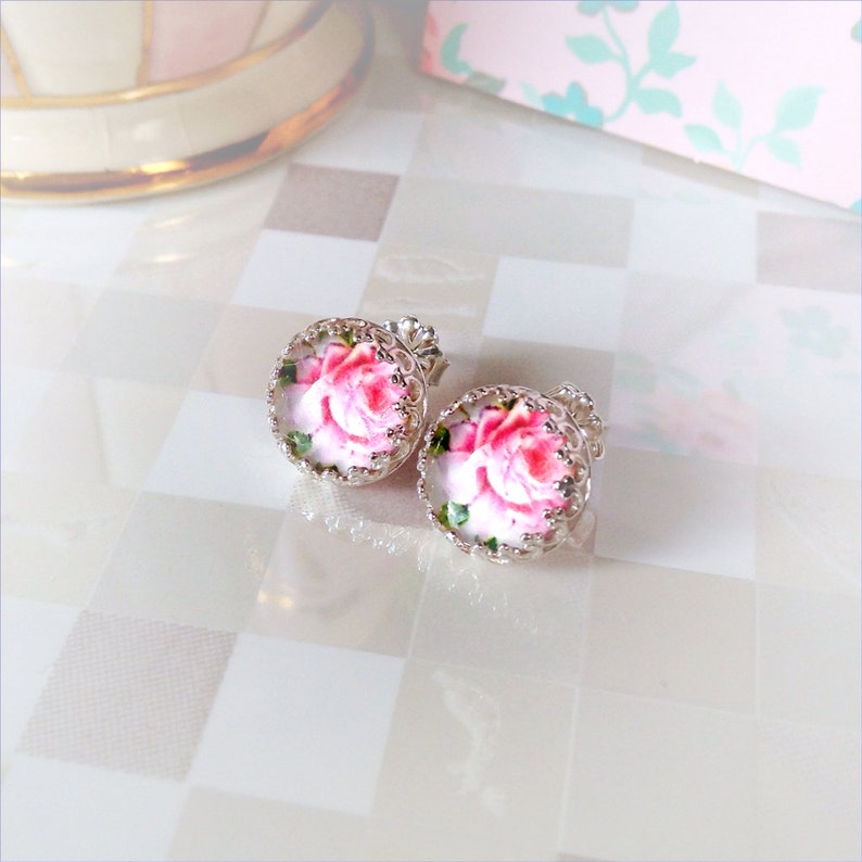 Pink Rose Stud Earrings Glass Stone Bezel Set in Sterling Silver