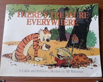 May include: A book cover featuring Calvin and Hobbes, a tiger and a boy, with the title "There's Treasure Everywhere". The cover is illustrated in a cartoon style with a white background and a green and brown landscape.