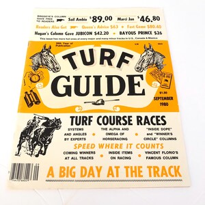 May include: A yellow and white magazine cover with the title "TURF GUIDE" in black text. The cover features a horse racing scene with two horses and jockeys. The magazine is from September 1980 and costs $1.50. The cover also includes the text "TURF COURSE RACES" and "A BIG DAY AT THE TRACK".