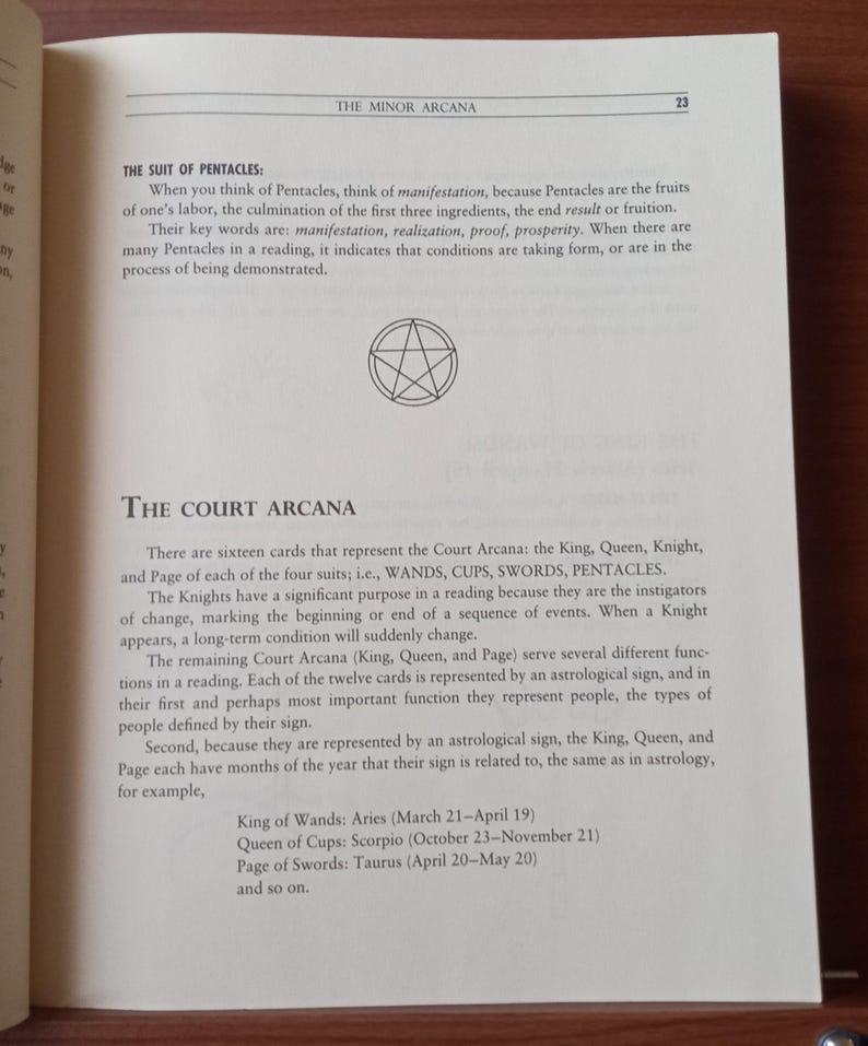 May include: A book page with a black and white illustration of a five-pointed star. The text on the page discusses the Court Arcana in tarot, explaining that each of the four suits (Wands, Cups, Swords, Pentacles) has a King, Queen, Knight, and Page card. The text also mentions that the Knights are instigators of change, marking the beginning or end of a sequence of events.
