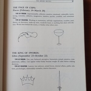 May include: Two tarot cards, The Page of Cups and The King of Swords, with their corresponding zodiac signs and descriptions. The Page of Cups shows a cup with a wave-like design and the King of Swords shows a sword with a crown.