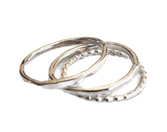 Stapelbare Silber Ringe, ein Satz von 3 Mix Ringe, Silber Ring Set, Silber gehämmert Ring, Perlen Ring minimalistischen Schmuck, einfache Silber Ring