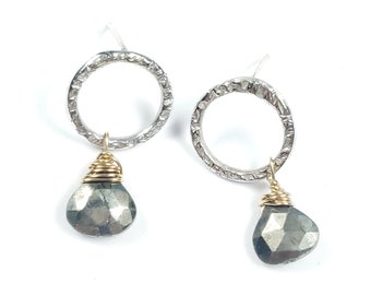 Mini Pyrite Stud Earrings, Dainty Earrings, Silver Stud Earrings, Pyrite Drop Earrings, Sterling Silver 925