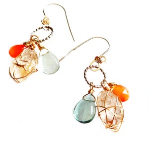 Petroleum quartz with oil earrings, Mix stone earrings, Fenster quartz, Carnelian, Fluorite earrings, Raw stone earrings, Healing jewelry