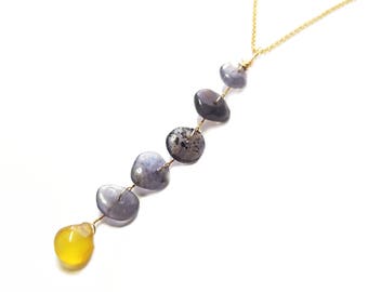 Iolite and chalcedony unique pendant, twist necklace, Y necklace, Gold filled necklace, great gift idea