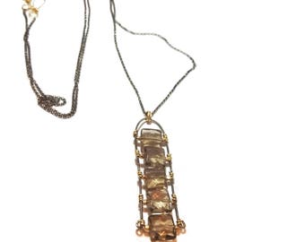 Smokey quartz necklace, Gemstone long necklace, Modern mix metal jewelry, Silver and gold necklace