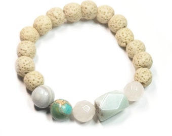 Mixed Gemstone Bracelet: Lava Stone, Aquamarine, Jasper, Rose Quartz