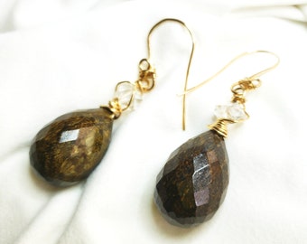 Bronzite and Herkimer Diamond 14K Gold Filled Earrings