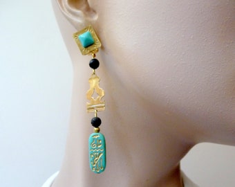 Clip earrings, Egyptian style, brass and stones, unique green and gold earrings