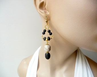 Black and beige earrings, lava stones and calcite, unique piece