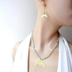 Jewelry set earrings and necklace, blue mother-of-pearl and summer