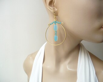 Brass and glass bead hoop earrings, large dangling earrings, unique piece.