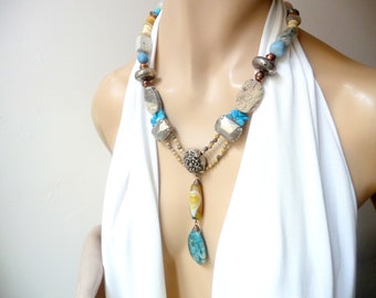 Blue and beige ethnic necklace, copper necklace and silver metal stone necklace, unique necklace