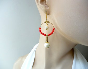 Coral and pearl earrings, unique red and white earrings