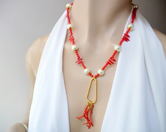 Coral and pearl necklace, red necklace, unique necklace