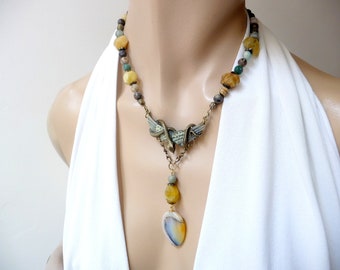 Chic ethnic necklace, citrine yellow and jasper necklace, brass snake, unique piece