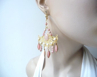 Pink earrings, rose quartz brass, old vintage glass, unique piece