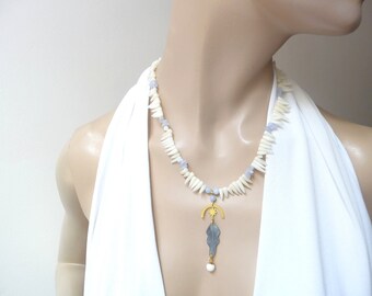 Mother-of-pearl and chalcedony necklace, blue and white necklace, unique piece