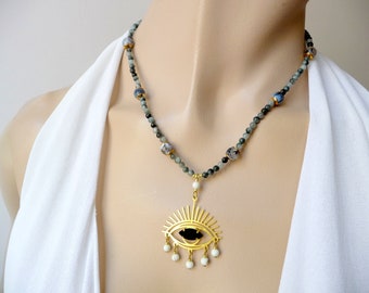 Choker pearl necklace, The eye is watching you! unique necklace, green gray necklace