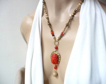 Buddha necklace, Zen necklace, red and beige necklace, unique piece.