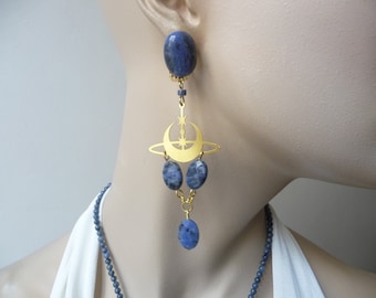 Clip-on earrings the universe and the stones, blue and gold necklace; unique sodalite necklace