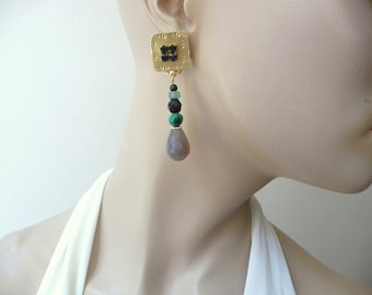 Clip earrings, gray agate, onyx, aventurine, unique piece