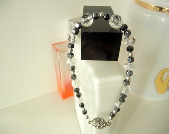 Bracelet of faceted glass and hematite beads, magnetic rhinestone clasp, unique piece