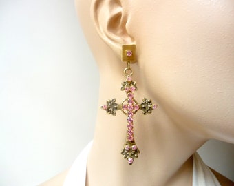 Pink cross earrings, protection earrings, religious, rocks